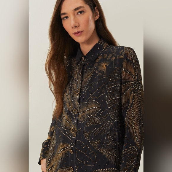 FARM Rio Tops - Farm Rio Black Golden Foliage Pajama Buttondown Shirt